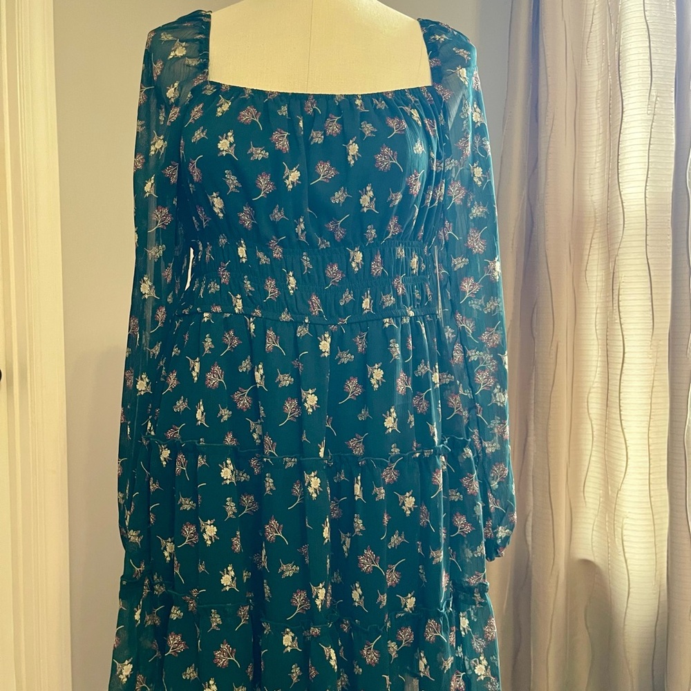Trixxi Teal Floral Square-Neck Long Sleeve Tiered Dress size 11 juniors babydoll